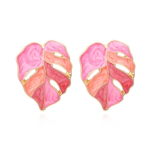 Colorful monstera leaf stud earrings with pink enamel finish and gold plated borders
