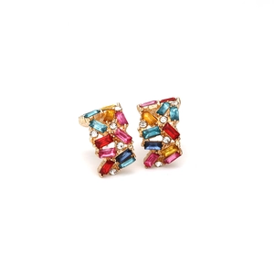 Chic gold-plated C-shaped earrings with colorful rectangular crystals and rhinestones