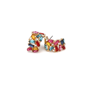 Chic gold-plated C-shaped earrings with colorful rectangular rhinestones and crystals