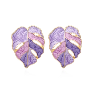 Enamel monstera leaf stud earrings with purple gradient finish and golden metal edges