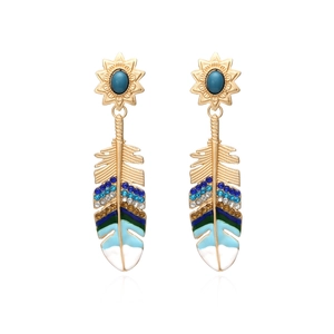 Bohemian gold feather drop earrings with turquoise stones and colorful crystals