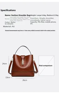Brown PU leather bucket bag set showing large size dimensions 26x24x13cm for daily use