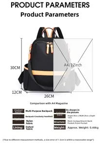 Detailed size specifications for the waterproof black nylon backpack with A4 comparison