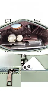 Detailed view of the large capacity interior compartments and smooth zipper of the PU bag