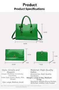 Three-piece set of green crocodile pattern bags with large tote, clutch, and wallet
