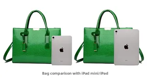 Green faux-crocodile tote bag size comparison with iPad mini and large iPad tablets