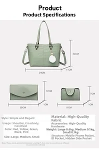 Detailed size chart for light green faux crocodile leather 3-piece bag set with dimensions