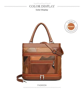 Detail of vintage brown patchwork leather tote bag with functional zippers and pockets