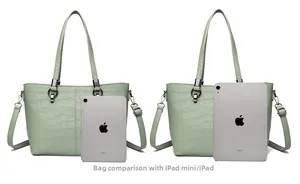 Mint green embossed bucket bag size comparison with iPad and iPad mini tablets