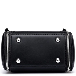 Bottom view of black leather bucket bag featuring silver protective studs and stitching