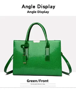 Front view of bright green crocodile pattern tote bag with metal buckle and top handles