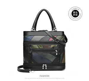 Detailed view of vintage patchwork leather handbag with multi-color panels and zippers