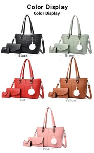 Three-piece crocodile embossed tote bag set with pompom charm in five vibrant colors