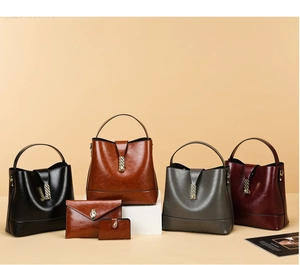 Set of retro oil wax leather bucket bags, clutch and card holder in four classic colors