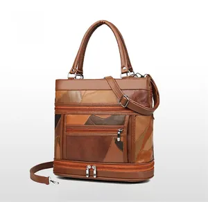 Side view of multi-compartment retro soft leather tote bag with brown patchwork design