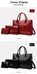 Croc-embossed leather tote bag set including envelope clutch and wallet in red and black