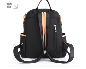 Back view of black water-resistant backpack showing hidden zipper and striped straps