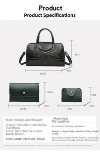 Detailed view of dark green crocodile pattern handbag set with golden hardware and dimensions