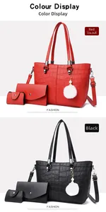 Three-piece women's tote set featuring crocodile-embossed faux leather and fur ball charm