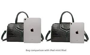 Size comparison of green croc-effect tote bag with iPad and iPad mini tablets