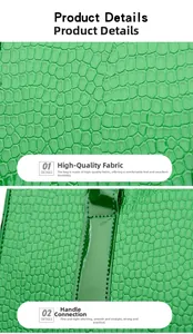Detail of green crocodile texture leather handbag showing premium stitching and quality fabric