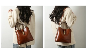 Brown vintage oil wax leather bucket bag with metal buckle and adjustable strap detail