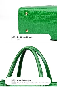 Detail of green crocodile texture tote with gold protective base studs and curved handle