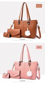 Three-piece tote bag set with crocodile pattern, long clutch, and coin purse with pompom