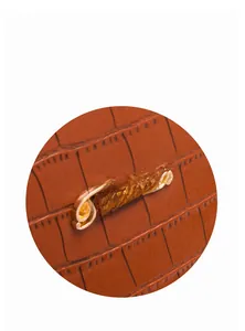 Detailansicht des goldenen Balina-Logos auf braunem Leder mit Krokodil-Prägung