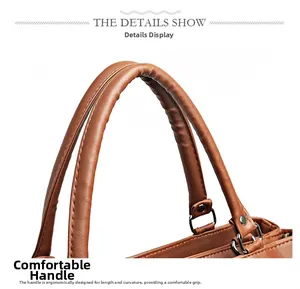 Close-up of ergonomic brown leather bag handles with silver buckles and fine stitching