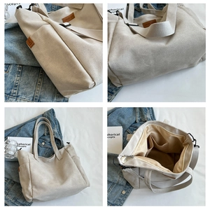 Detailed views of beige canvas tote bag with brown PU tag and internal storage compartments