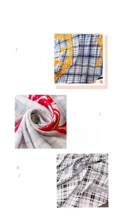 Detail view of printed silk scarf showing plaid patterns and rolled edge craftsmanship