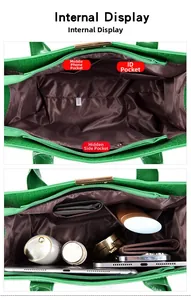 Internal layout of green crocodile tote showing multi-pocket storage for essentials