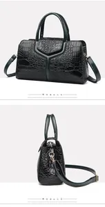 Detailed views of dark green crocodile texture handbag with Y-shaped metal buckle detail