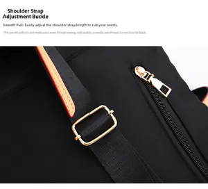 Detail of adjustable black nylon shoulder strap with gold buckle and orange leather trim