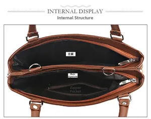Internal display of the brown faux leather tote showing double compartments and zipper pocket