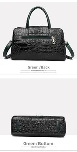 Rear view and bottom detail of a large dark green crocodile pattern handbag with gold zipper