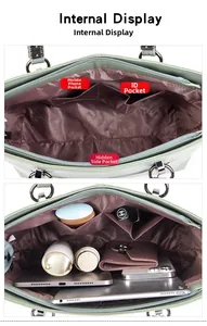 Internal view of green bucket bag showing large capacity pockets and fabric lining