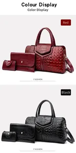 Detailed close-up of three-piece crocodile pattern tote bag set in red and black colors