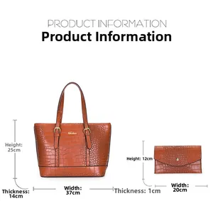 Detailansicht der Tragetasche mit Krokodilprägung und Clutch-Set mit Größenangaben