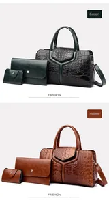 Detailed view of crocodile pattern embossed 3-piece bag set in green and brown faux leather