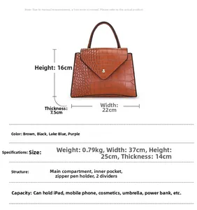 Details zur braunen Krokodilmuster Handtasche mit Maßen und Innenraumaufteilung