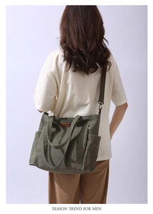 Detail of army green canvas tote bag showing back view and leather logo patch on a model