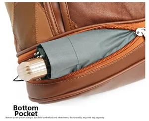 Detail of the vintage brown leather tote bag showing a bottom zipper pocket for a folding umbrella