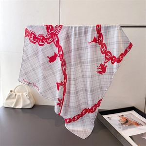 Plaid and red chain print silk-like square scarf featuring Love in Spring artistic text