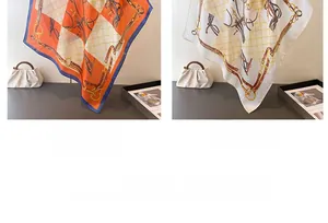 Detailed pattern of silk scarf with orange and off-white equestrian chain prints