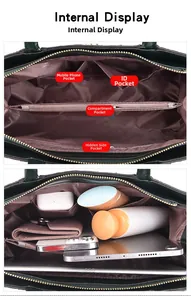 Internal layout of green crocodile embossed tote bag showing spacious compartments and storage