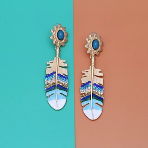Bohemian feather drop earrings with blue rhinestones and colorful enamel on split background
