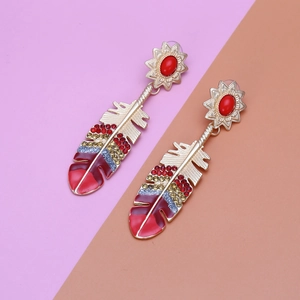 Bohemian gold feather drop earrings with red crystals and sunburst stud design