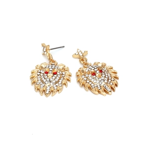 Boucles d'oreilles pendantes tête de lion doré avec cristaux blancs et yeux rouges